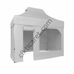 CLK 2x3 40mm Alüminyum Katlanabilir Tente Gazebo Çadır 3 Kenar Kapalı 1 Kenar Kapı Pencereli Beyaz