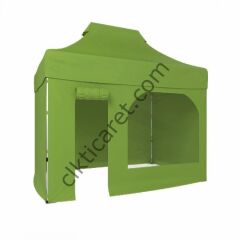 CLK 2x3 40mm Alüminyum Katlanabilir Tente Gazebo Çadır 3 Kenar Kapalı 1 Kenar Kapı Pencereli Haki Askeri Yeşil