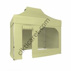 CLK 2x3 40mm Alüminyum Katlanabilir Tente Gazebo Çadır 3 Kenar Kapalı 1 Kenar Kapı Pencereli Krem