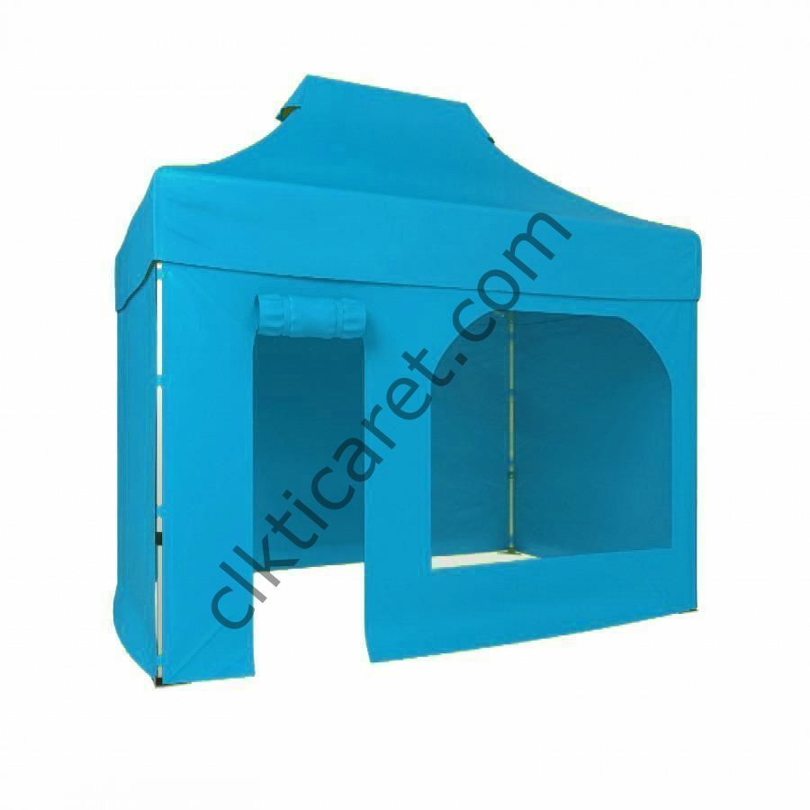 CLK 2x3 40mm Alüminyum Katlanabilir Tente Gazebo Çadır 3 Kenar Kapalı 1 Kenar Kapı Pencereli Açık Mavi (Turkuaz)