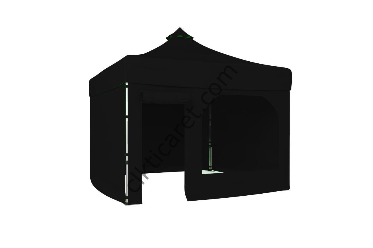 CLK 4x4 52mm Kalın Alüminyum Katlanabilir Tente Gazebo Çadır 3 Kenar Kapalı 1 Yan Kapı ve Pencereli Siyah