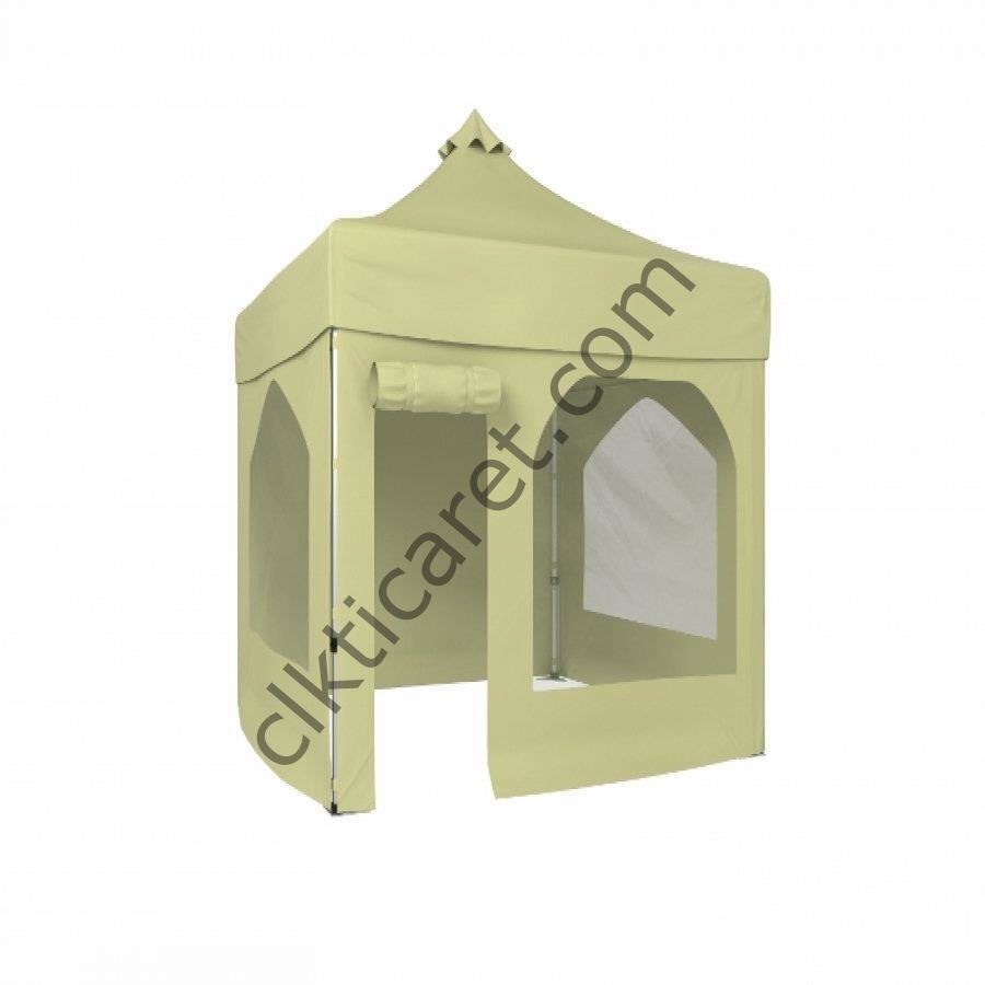 CLK 2,5x2,5 52mm Kalın Alüminyum Katlanabilir Tente Gazebo Çadır 1 Yan Pencereli 1 Yan Aksesuarsız 1 Yan Kapı ve Pencereli Krem