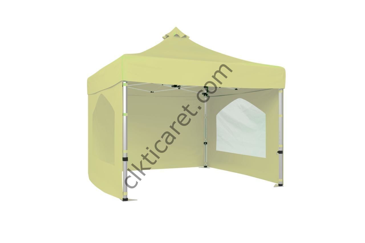 CLK 4x4 52mm Kalın Alüminyum Katlanabilir Tente Gazebo Çadır 3 Yan Duvarlı 2 Pencereli Krem