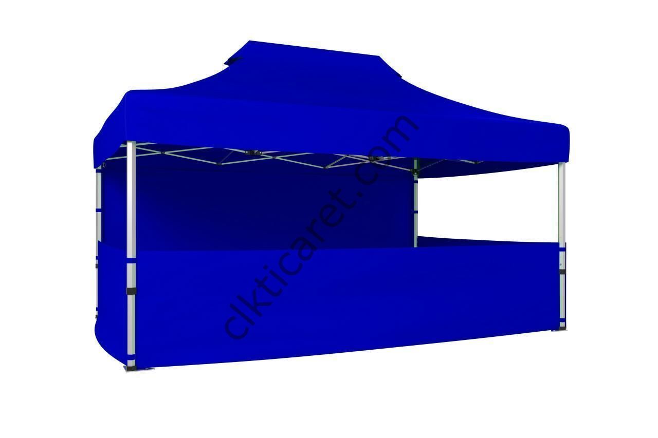 CLK 3x4,5 40mm Alüminyum Katlanabilir Tente Gazebo Çadır 4 Kenar Kapalı 3 Yarım Duvarlı Saks Mavi