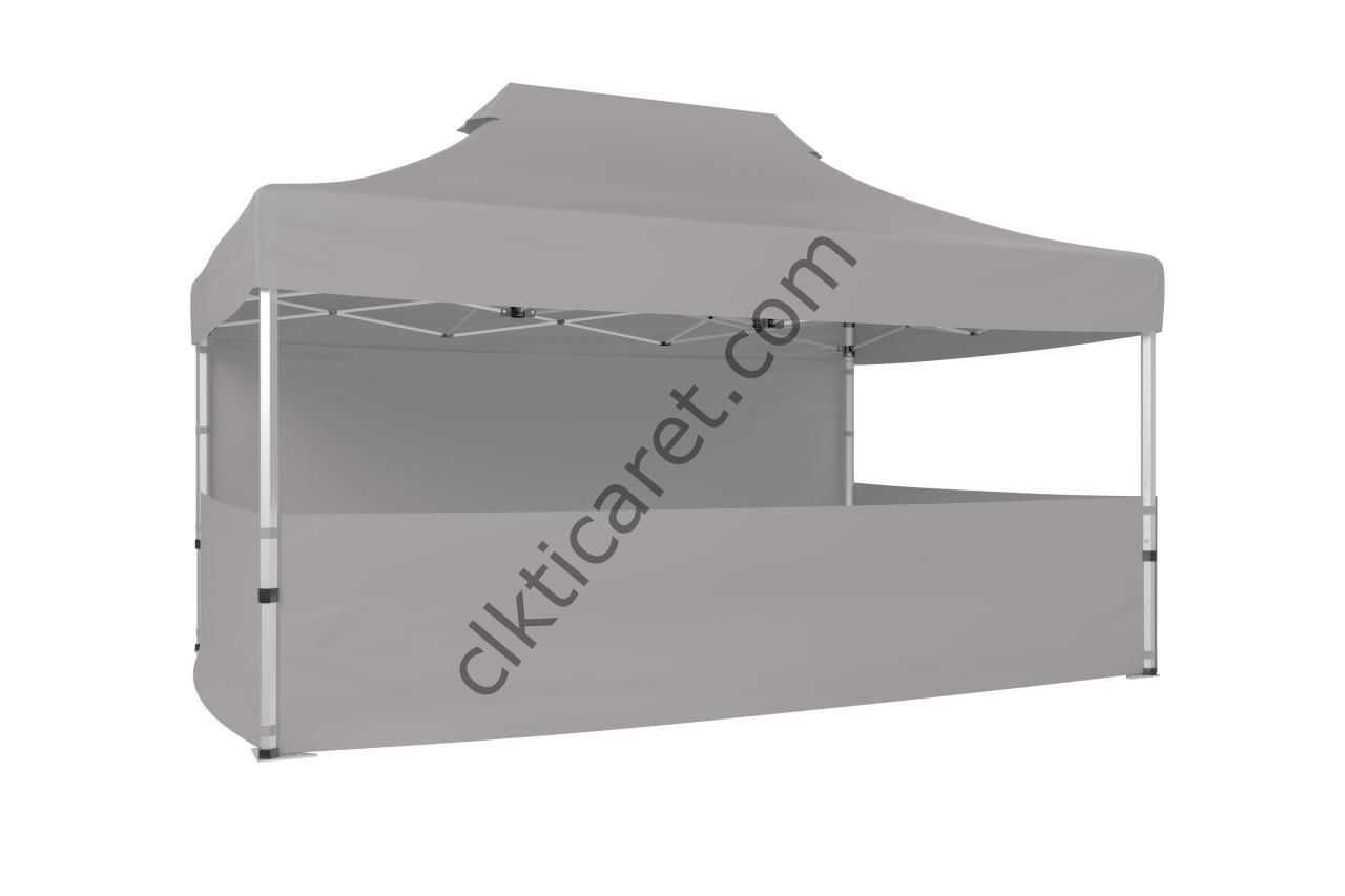 CLK 3x4,5 40mm Alüminyum Katlanabilir Tente Gazebo Çadır 4 Kenar Kapalı 3 Yarım Duvarlı Açık Gri