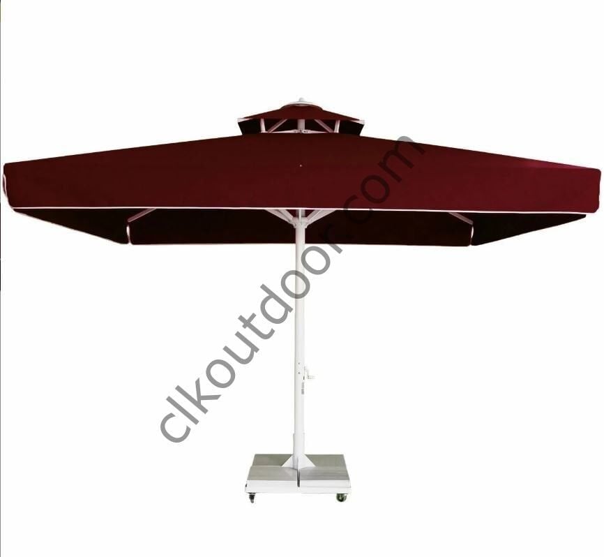 CLK 4,5x4,5 Metre Saçaklı LUX Model Krank Sistem Teleskopik Şemsiye Q90 Profil Saks Mavi - Metal Hareketli Ayak 4 Mermerli (100x100cm 230 kg)