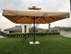 CLK 4,5x4,5 Metre Saçaklı LUX Model Krank Sistem Teleskopik Şemsiye Q90 Profil Bej - Metal Hareketli Ayak 4 Mermerli (100x100cm 230 kg)