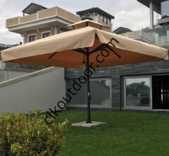 CLK 5x5 Metre Saçaklı LUX Model Krank Sistem Teleskopik Şemsiye Q90 Profil Sarı - Metal Hareketli Ayak 4 Mermerli (100x100cm 230 kg)