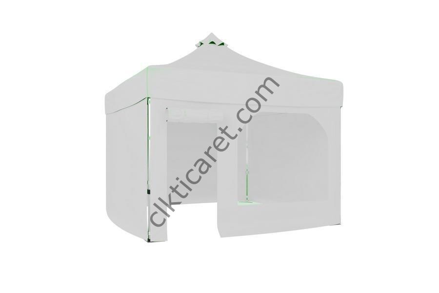 CLK 3x3 40 mm Katlanabilir Tente Gazebo Çadır Gazebo Çadır 3 Yan Kapalı 1 Yan Kapı ve Pencereli Beyaz