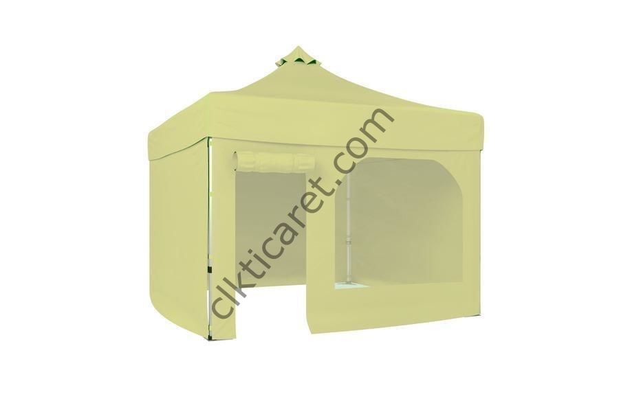 CLK 3x3 40 mm Katlanabilir Tente Gazebo Çadır Gazebo Çadır 3 Yan Kapalı 1 Yan Kapı ve Pencereli Krem