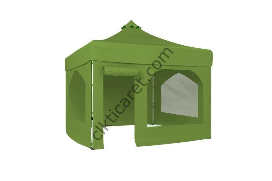 CLK 3x3 40 mm Katlanabilir Tente Gazebo Çadır Gazebo Çadır 2 Yan Pencereli 1 Yan Aksesuarsız 1 Yan Kapı ve Pencereli Haki Askeri Yeşil