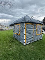 CLK 3x6 Yeni Sistem 4 Pencere 2 Kapılı Verendalı 40 mm Profil Katlanır Portatif Gazebo Kamp Çadır Gri Kırmızı