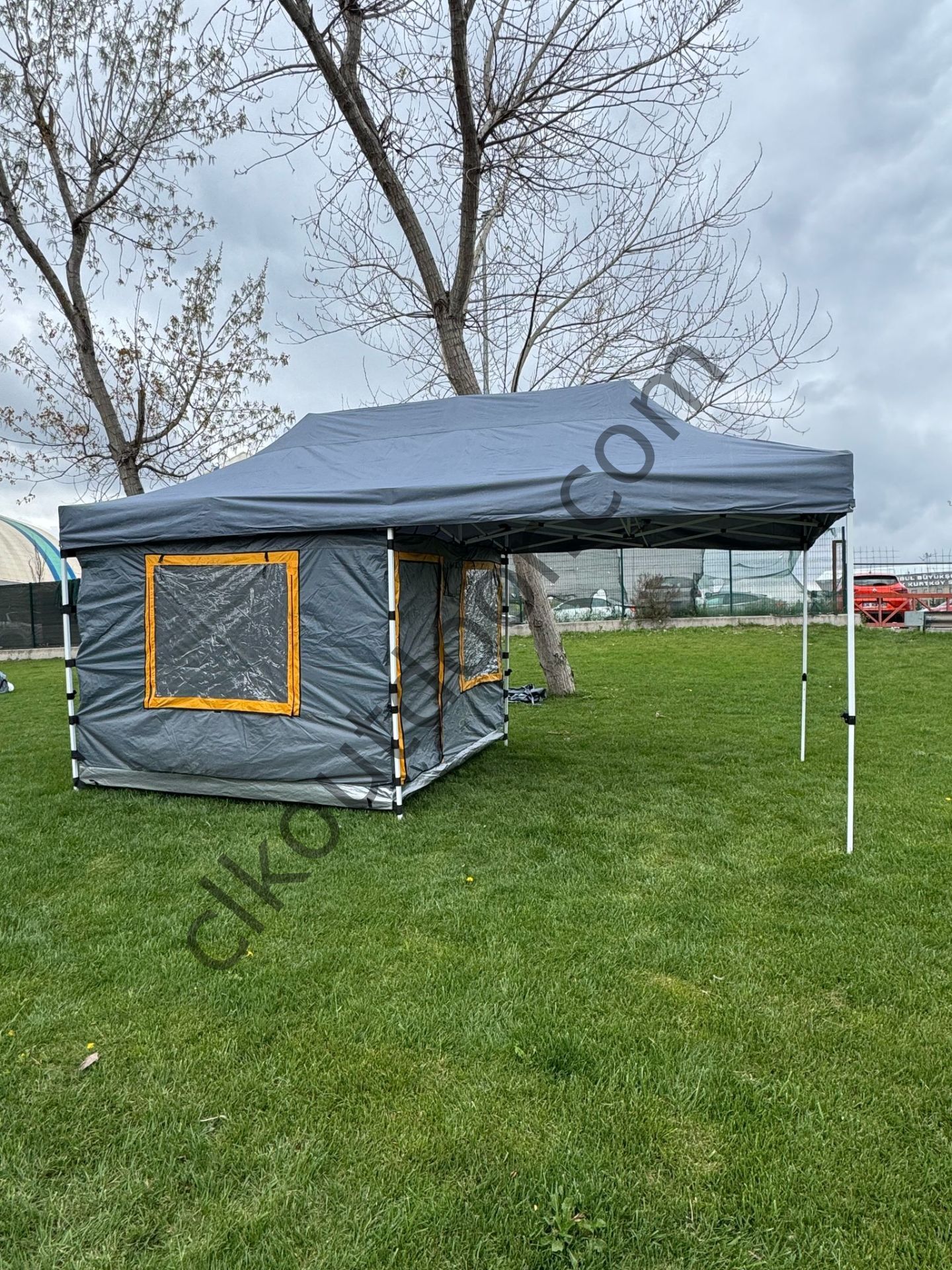 CLK 3x6 Yeni Sistem 4 Pencere 2 Kapılı Verendalı 40 mm Profil Katlanır Portatif Gazebo Kamp Çadır Gri Kırmızı