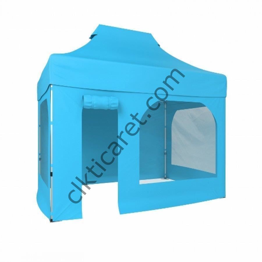 CLK 2x3 Katlanabilir Tente Gazebo Portatif Çadır 2 Yan Pencereli 1 Yan Aksesuarsız 1 Yan Kapı ve Pencereli Açık Mavi (Turkuaz)